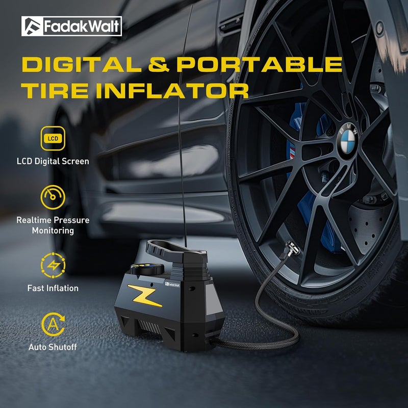 FADAKWALT Tire Inflator Portable Air Compressor, DC 12V Tire Air Pump with LED and 150PSI Digital Pressure Gauge, Portable Tire Inflator for Car Tires, Motorcycles, Bike, Ball (Yellow) - Image 2